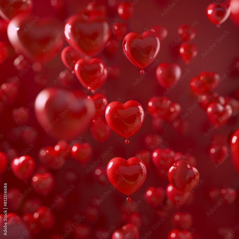 A red background with many red hearts floating in the air