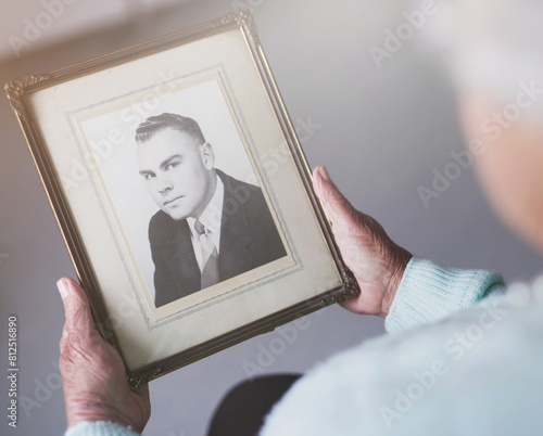 Quadro em tela Picture, frame and hand of elderly woman with memory for nostalgia, family history and melancholy