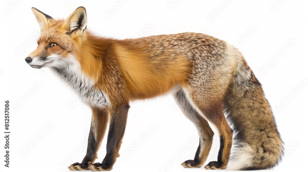 Red fox turning around, two years old, isolated on white. generative ai Red fox turning around, two years old, isolated on white. generative ai