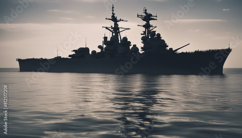 American fighter aircraft carrier silhouette in the ocean, sunset view 