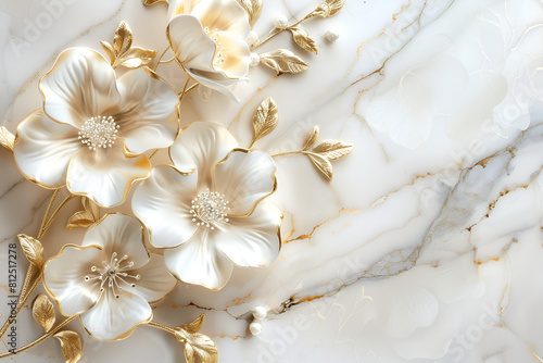 White gold flowers and leaves on marble plate. Luxury abstract background for exclusive spaces, wedding, card, celebration, invitation, presentation, fashion, cosmetics, jewel design.