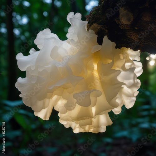 A tremella mushroom hanging from a tree branch in a forest area with trees in the background and a light shining on the tremella. Chinese gelatinous fungi. Tremella fuciformis. Snow fungus.