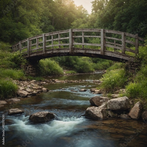 A peaceful countryside scene with a quaint bridge over a babbling brook, adorned with images of missing children, symbolizing the bridge between loss and reunion. 
