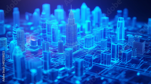 Abstract 3d city rendering with lines and digital elements. Digital skyscrappers with wire texture. Technology and connection concept. Perspective architecture background with wireframe skyscrapers.  photo