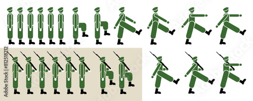 Soldiers march with weapons. Vector icon design.