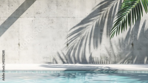 Tropical summer background with concrete wall  pool water and palm leaf shadow. generative ai