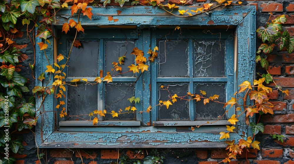 Dilapidated window on a spooky structure covered in creeping plants ...