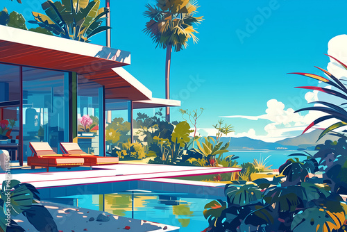 Illustration landscape with swimming pool  sunbeds and mid-century house. Cypress trees and ocean in the background. Flat style houses. House by the sea  tropical landscape