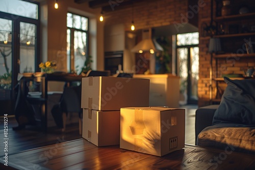 Efficiently move into a new home with unpacking, using cardboard boxes for packing belongings and organizing the kitchen counter in a contemporary house.