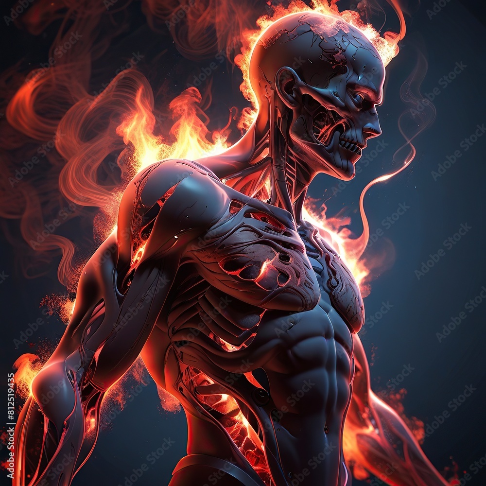 Free photo New dynamic 3d Human-Robot with Colorful Fire Background