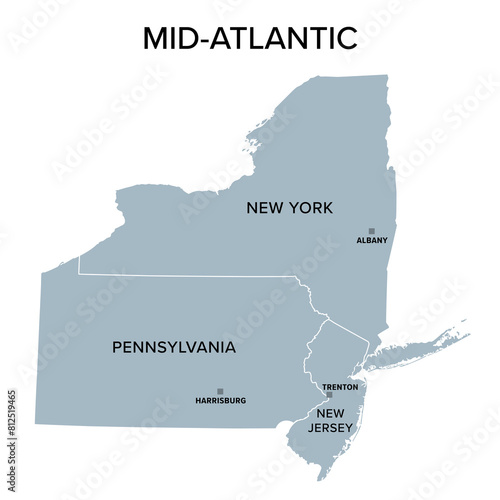 Mid-Atlantic, or Middle Atlantic states, gray political map, with capitals. United States Census division of the Northeast region, consisting of the states New Jersey, New York and Pennsylvania.