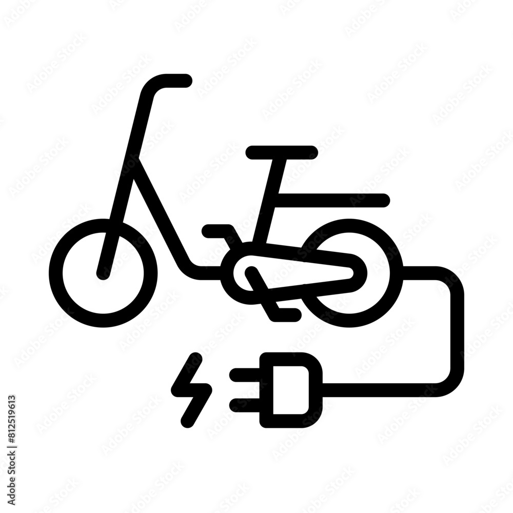Electric bicycle with plug icon, E bike charge battery sign, EV charging point, Eco vehicle concept, Vector illustration Electric bicycle with plug icon, E bike charge battery sign, EV charging point, Eco vehicle concept, Vector illustration
