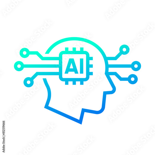 Human head tech icon, AI chip technological brain, Artificial intelligence, Simple flat design symbol, Isolated on white background, Vector illustration