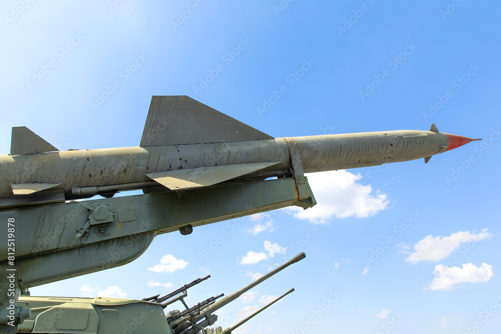 Defense forces weapon. Antiaircraft missles rocket with warhead aimed to the sky Defense forces weapon. Antiaircraft missles rocket with warhead aimed to the sky