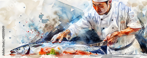 A watercolor painting of a chef preparing a salmon. The chef is wearing a white chef's coat and hat. He is holding a large knife in his right hand and is slicing the salmon with his left hand. 