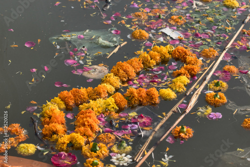 Allahabad (Prayagraj), India: flowers of the pilgrims in the holy river. This is where the two famous rivers Ganges and Yamuna flow together to unite with the invisible river Sarasvat