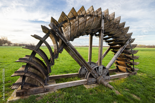 Paddle wheel of a water mill in the Slup village, historic landmark in South Moravia, Czech Republic, Europe.