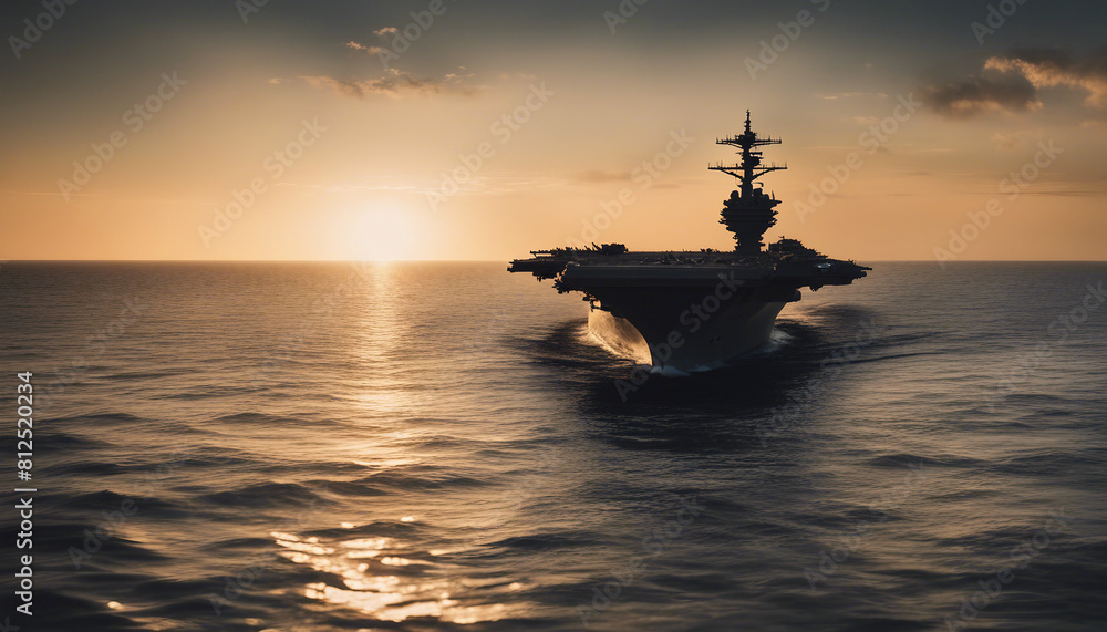 American fighter aircraft carrier silhouette in the ocean, sunset view
American fighter aircraft carrier silhouette in the ocean, sunset view