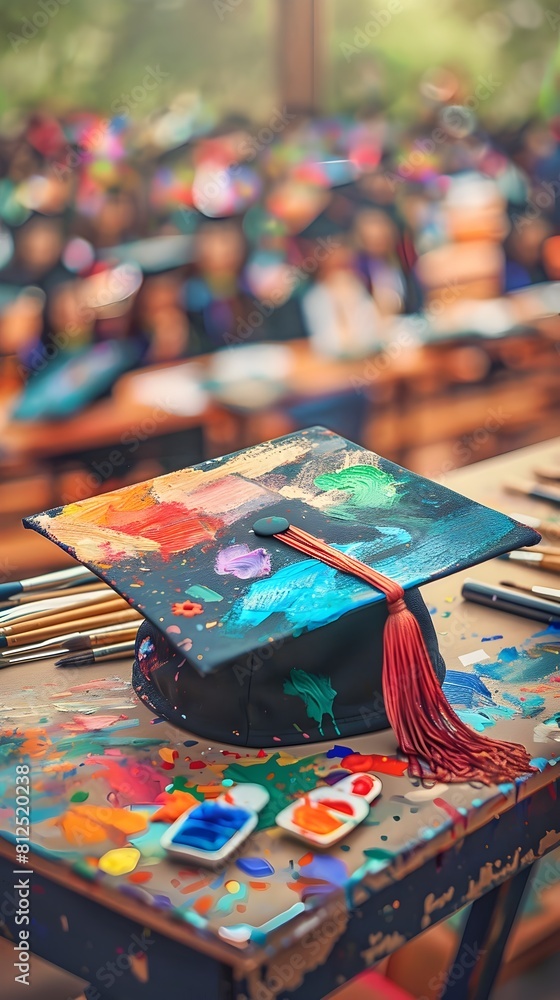 Vibrant Graduation Cap Showcasing Expression and Academic Accomplishment