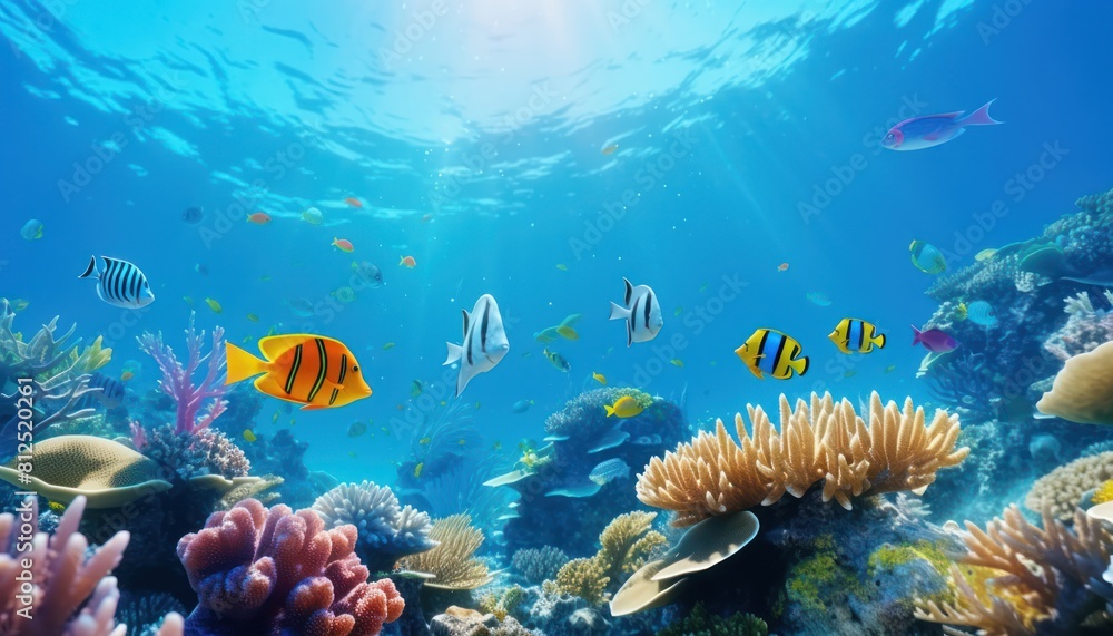 Naklejka premium Tropical fish in the underwater, coral reef, amazing underwater life, various fish and exotic coral reefs, ocean wild creatures background