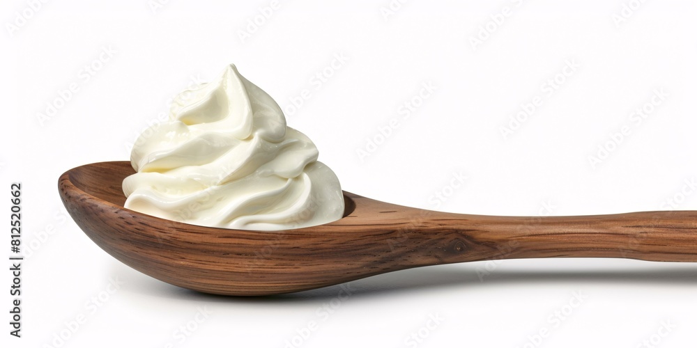 Creamy sour cream on a wooden spoon against a white background. Creamy sour cream on a wooden spoon against a white background.