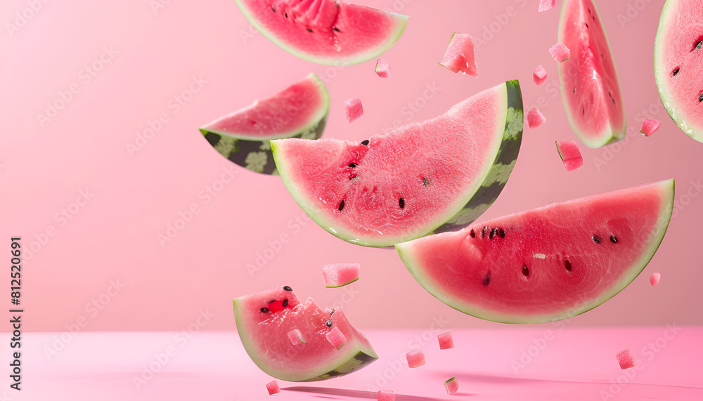 Slices of fresh juicy watermelon falling on pink background Slices of fresh juicy watermelon falling on pink background