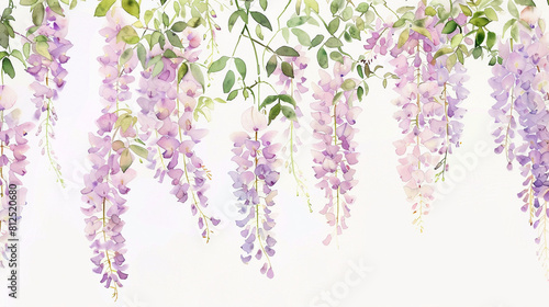 Fototapeta Naklejka Na Ścianę i Meble -  Delicate Watercolor Wisteria Strings on White Canvas