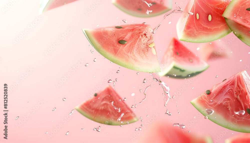 Slices of fresh juicy watermelon falling on pink background Slices of fresh juicy watermelon falling on pink background