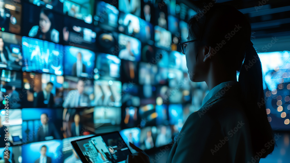 A young woman looks at a large video wall. She is holding a tablet and is using it to control the video wall. A young woman looks at a large video wall. She is holding a tablet and is using it to control the video wall.
