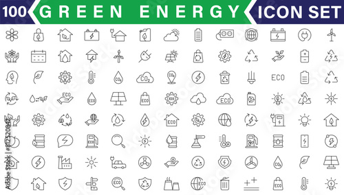 Bio Fuel, Green Energy Line Icon Set. Renewable Nature Power Linear Pictogram. Recycling Environmental Resource Outline Symbol. Eco Electric Energy. Editable Stroke. Isolated Vector Illustration