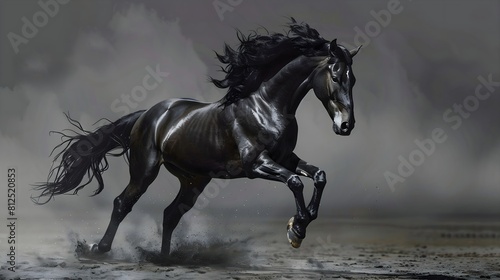  Intriguing 3D painting showcasing a regal black mare  its glossy coat and flowing mane meticulously rendered in lifelike detail.  