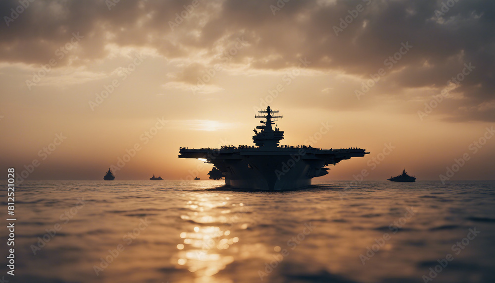 American fighter aircraft carrier silhouette in the ocean, sunset view
American fighter aircraft carrier silhouette in the ocean, sunset view