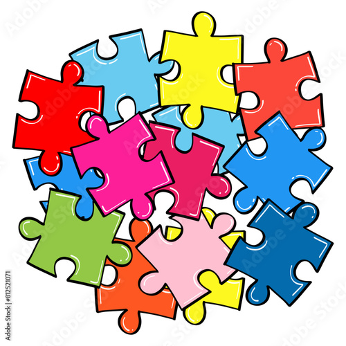 Pile of Puzzle Colorful Pieces Vector Drawing