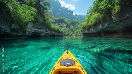 Paddling into crystal clear waters surrounded by lush greenery and towering cliffs © halime_sultana