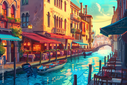 A digital illustration of a restaurant situated next to a canal in the middle of a city