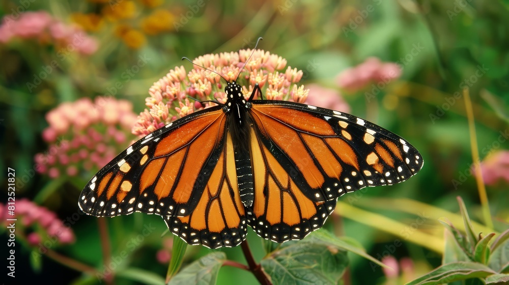 Monarch butterfly. Danaus plexippus resting on a flowering plant . generative ai Monarch butterfly. Danaus plexippus resting on a flowering plant . generative ai