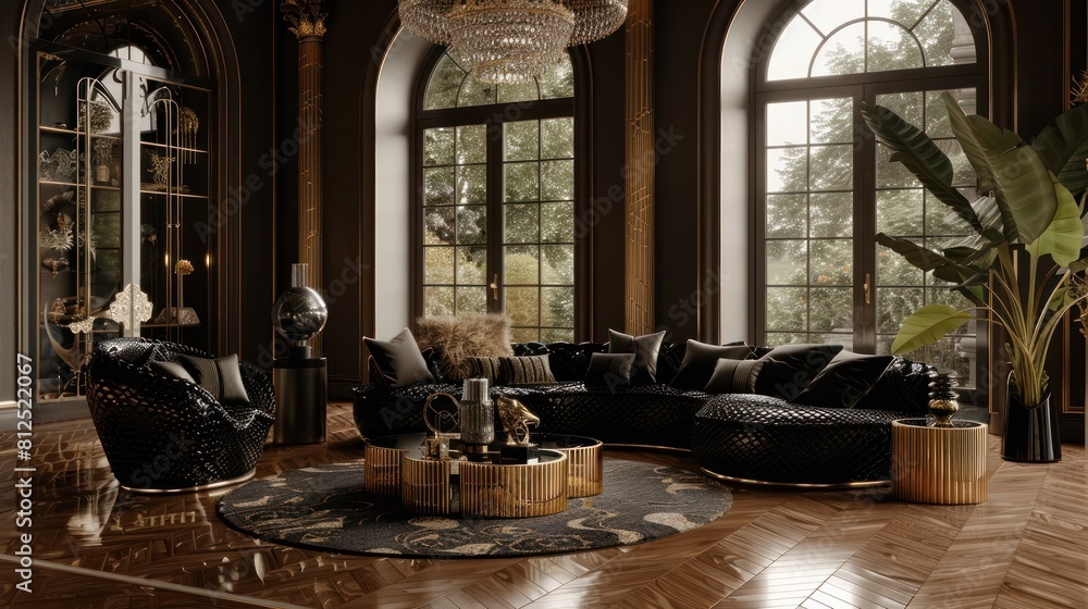 Lavish Serpentine Sanctuary Luxurious Snake Skin Upholstery and Gold Accented Black Furnishings in