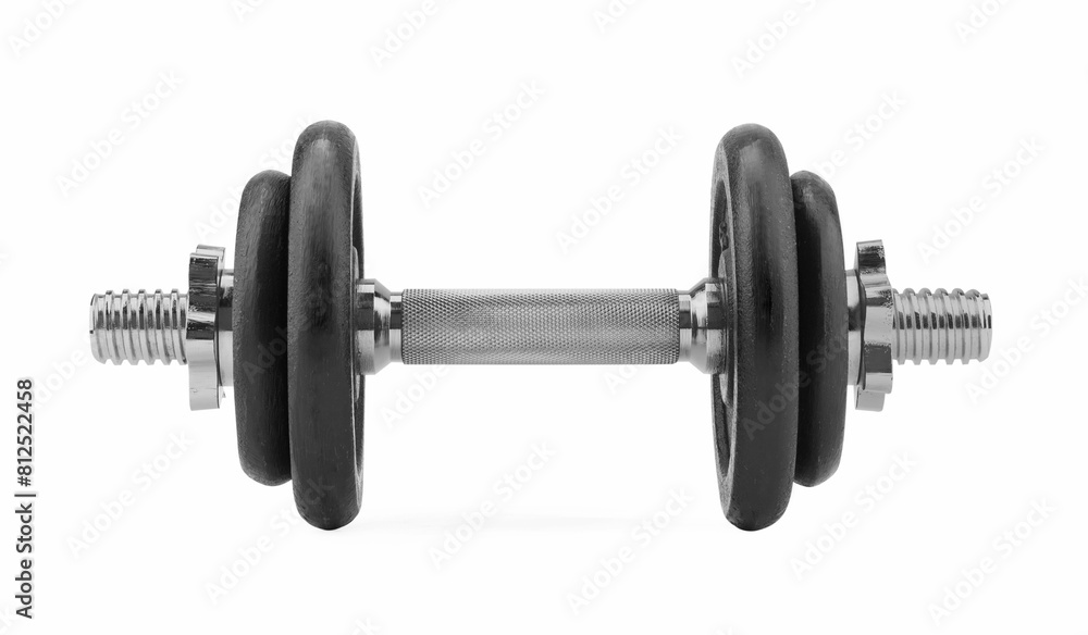 One metal dumbbell isolated on white. Sports equipment One metal dumbbell isolated on white. Sports equipment