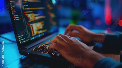 Close-up of a programmer's hands typing on a backlit keyboard, with lines of code displayed across multiple computer screens. AIG41 © Summit Art Creations