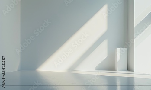 A simple modern white room illuminated by a distinct shadow of sunlight, embodying tranquility and purity