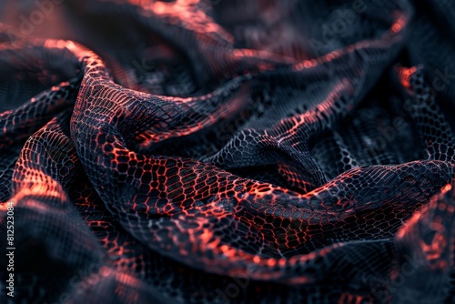 A black and red fabric with a pattern of snakes and other creatures