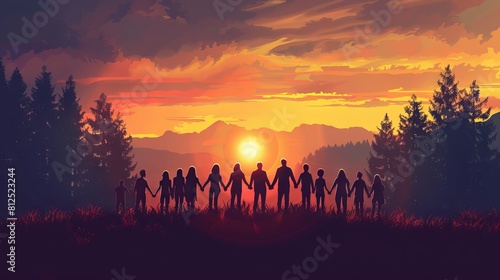 A serene background with silhouettes of people holding hands and watching the sunrise together  experiencing the beauty of nature in unity