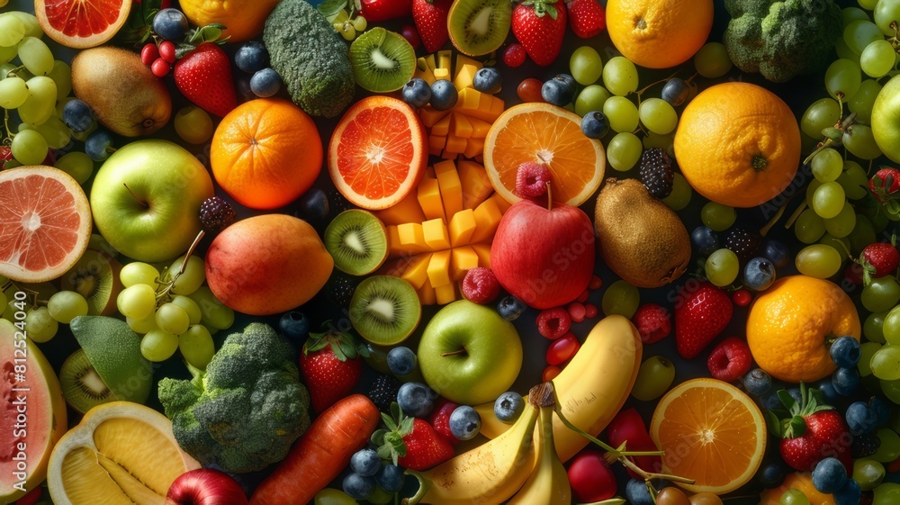 Assorted fresh ripe fruits and vegetables. Food concept background. View from above. Copy space. Assorted fresh ripe fruits and vegetables. Food concept background. View from above. Copy space.