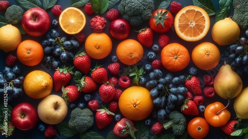 Assorted fresh ripe fruits and vegetables. Food concept background. View from above. Copy space.