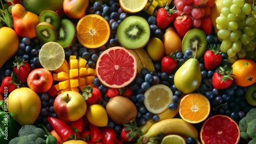 Healthy Assortment  Fresh Fruits and Vegetables on a Background Nutrition Concept