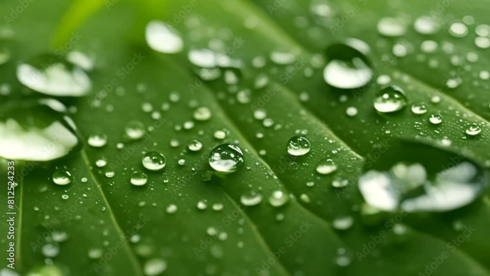 Macro of water drops on green tropical plant leaves. Alternative herb skin care medicine concept. Herbal essence dropping from leaf. Organic serum drop or green tea tree oil extract Macro of water drops on green tropical plant leaves. Alternative herb skin care medicine concept. Herbal essence dropping from leaf. Organic serum drop or green tea tree oil extract