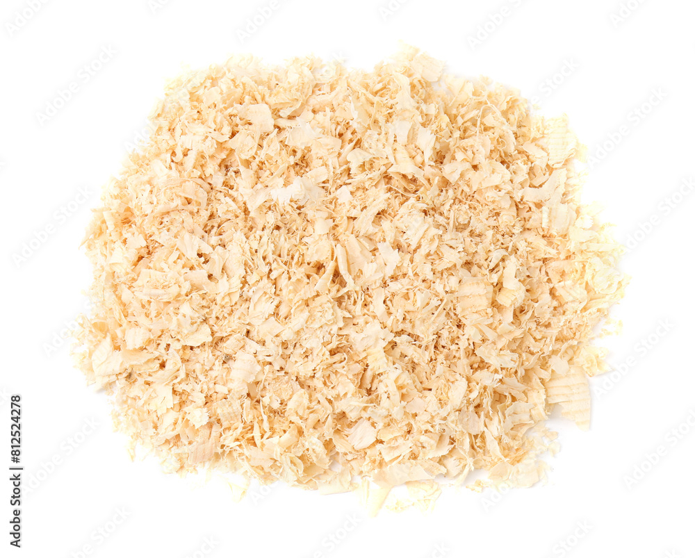 Pile of natural sawdust isolated on white, top view Pile of natural sawdust isolated on white, top view