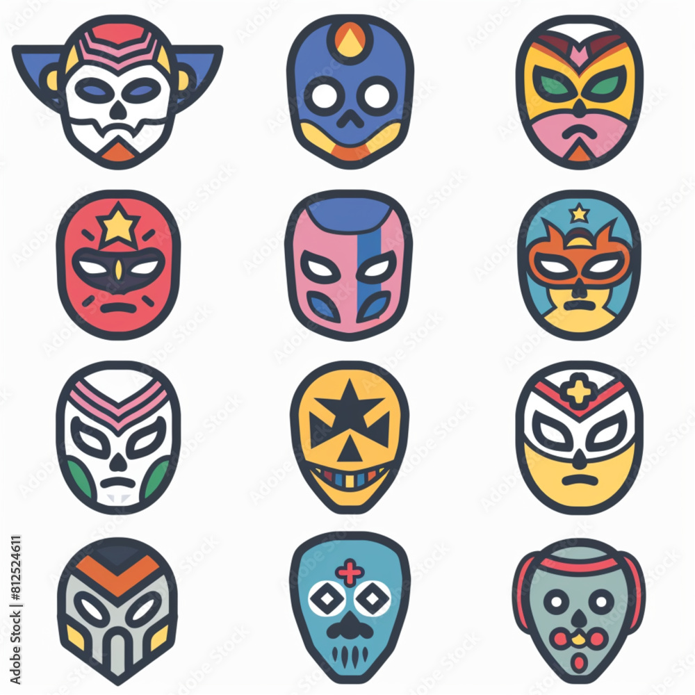 A set of colorful lucha libre icons on a white background in a vector illustration. 