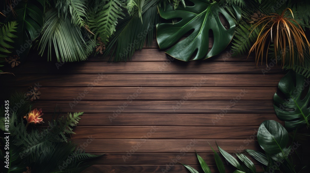 A wooden frame with a green background and a variety of plants and flowers A wooden frame with a green background and a variety of plants and flowers