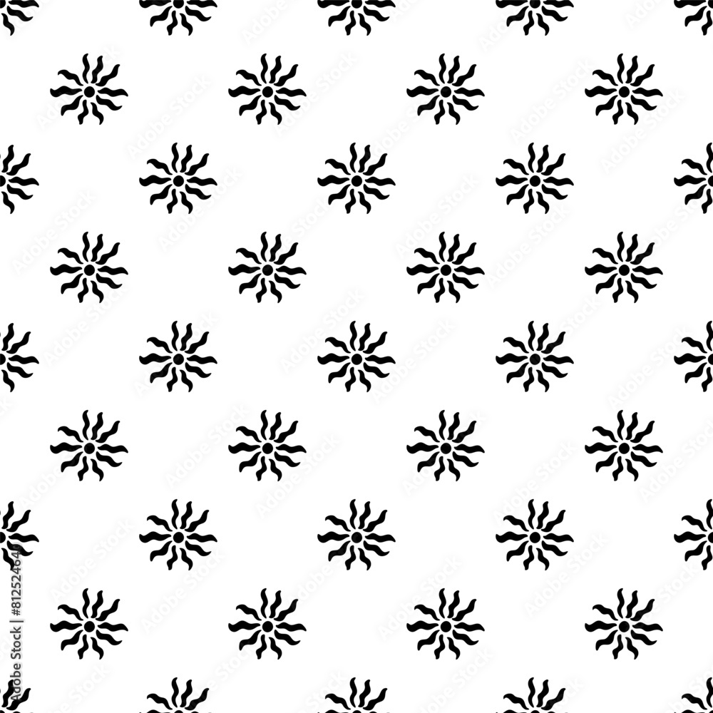 Seamless pattern of hand drawn small flower or sun shapes of black color on white background. Abstract symmetric simple design. Vector print for fabric, wallpaper, interior textile, wrapping paper. Seamless pattern of hand drawn small flower or sun shapes of black color on white background. Abstract symmetric simple design. Vector print for fabric, wallpaper, interior textile, wrapping paper.